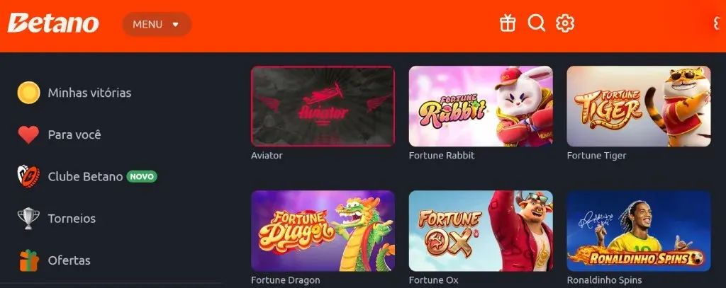 Lobby de jogos de cassino e slots na plataforma Betano
